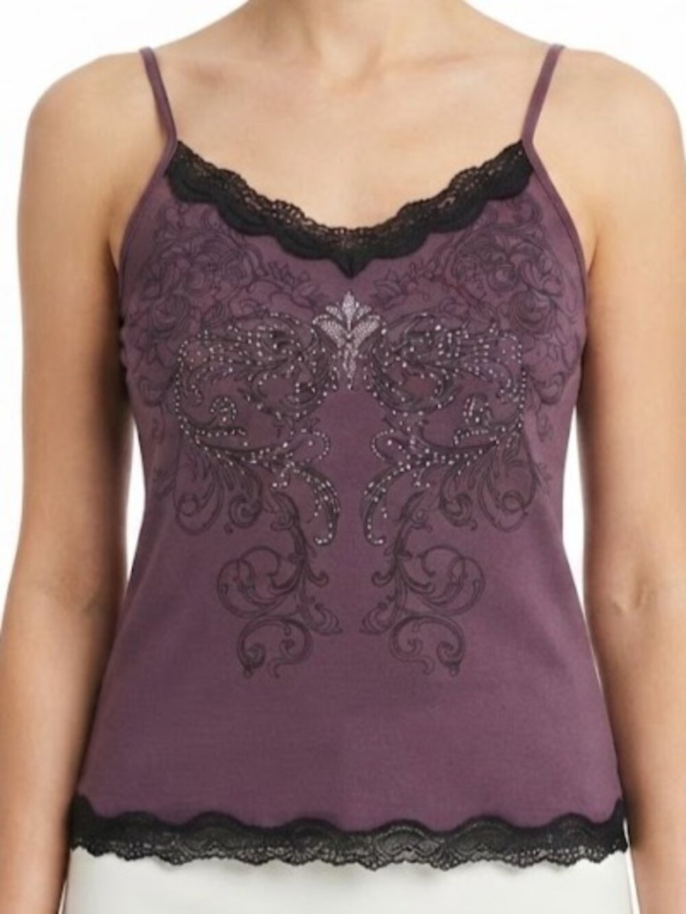 Purple Lace-Trim Rhinestone Print Tank Top